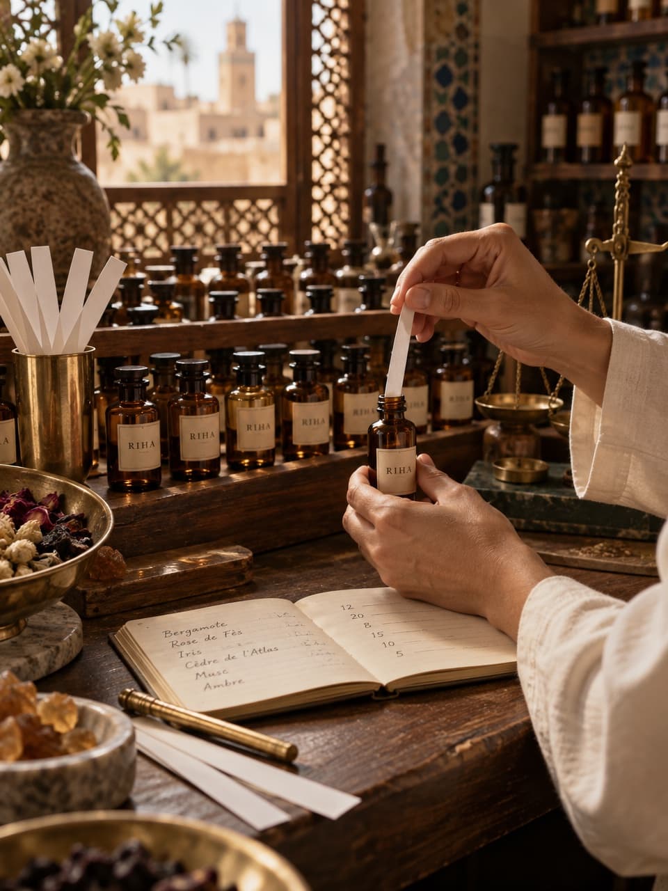 L’atelier NAFHA : une mouillette, les flacons d’essai de la maison.