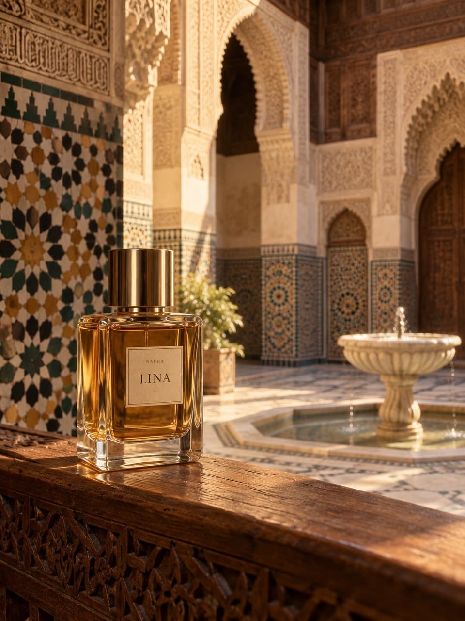 Le flacon de Lina, dans la cour de la médersa Al-Attarine, à Fès.